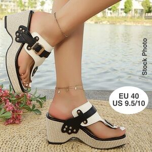 Platform Thong Sandals White Black Adjustable (40)